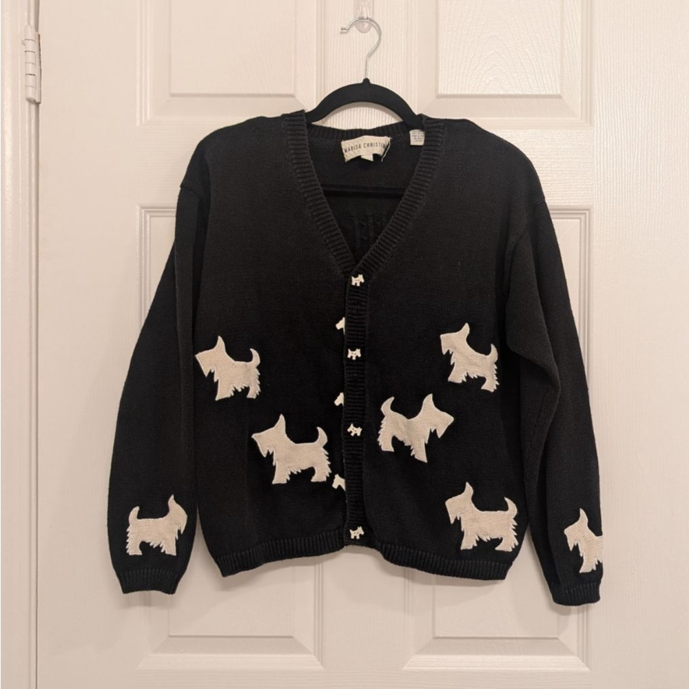 Vintage Scottie Dog Cardigan Black Knit V-Neck Sweater White Terrier Intarsia L - Picture 2 of 7